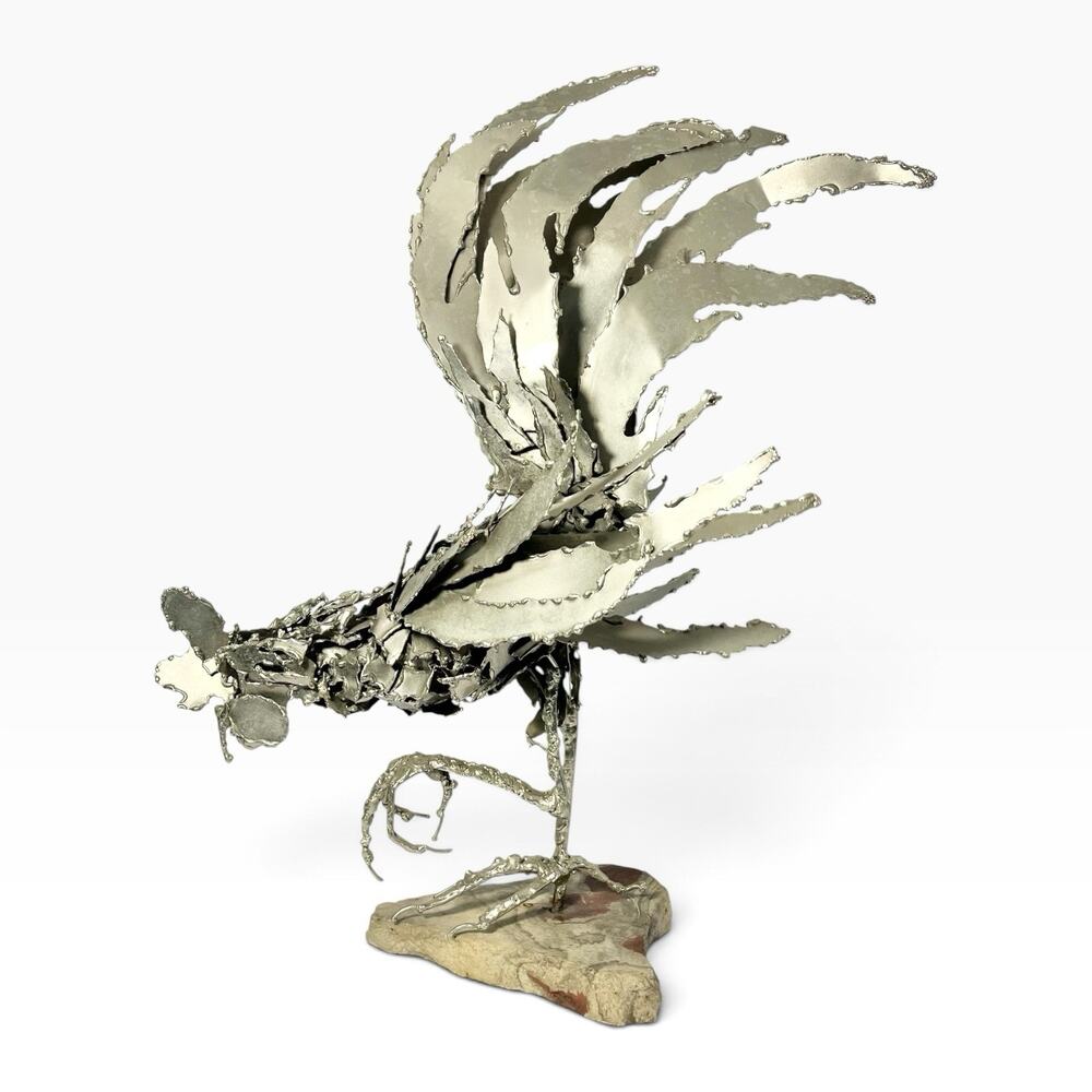 1960s Mid-century Vintage Large Rooster Chicken Silver Metal Art Sculpture 19”